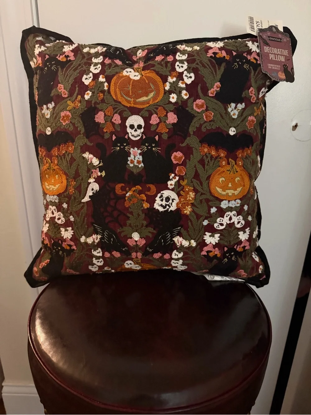 Envogue Halloween Pillow with Black Cats, Pumpkins, Skulls, Ghosts & Flowers